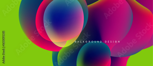 Abstract vibrant circles overlap, creating fluid colorful shapes. Bright green background complements magenta, blue hues. Modern design element.