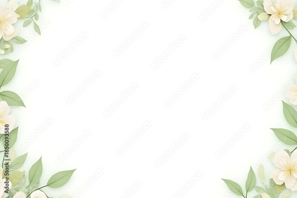 Naklejka premium Delicate watercolor floral border with soft peach blossoms and green leaves creating an elegant frame for text or design elements