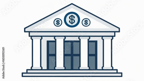 Bank building illustration featuring columns and dollar signs.