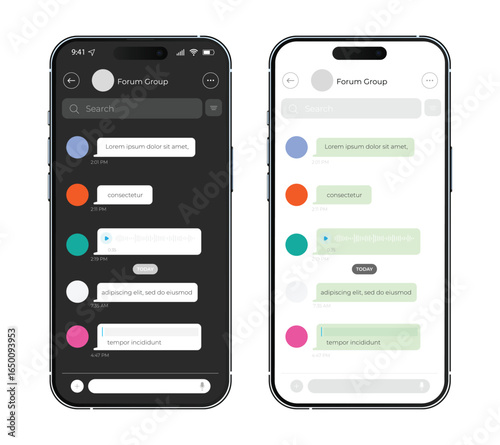 Smartphone Messaging UI Chat App with Speech Bubble, Map Sharing, and Voice Message Features. Vector.