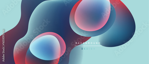 Abstract fluid shapes overlap, creating vibrant blue, red gradients. Light background enhances dynamic composition. Modern design element.