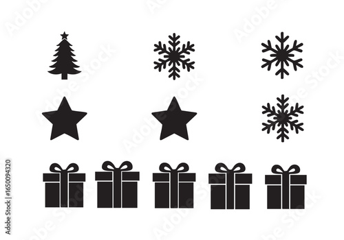 Collection of Simple Christmas Icons Trees, Stars, Snowflakes, and Gifts