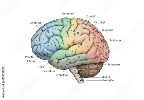 Human brain anatomy illustration labeled multi color png on transparent background