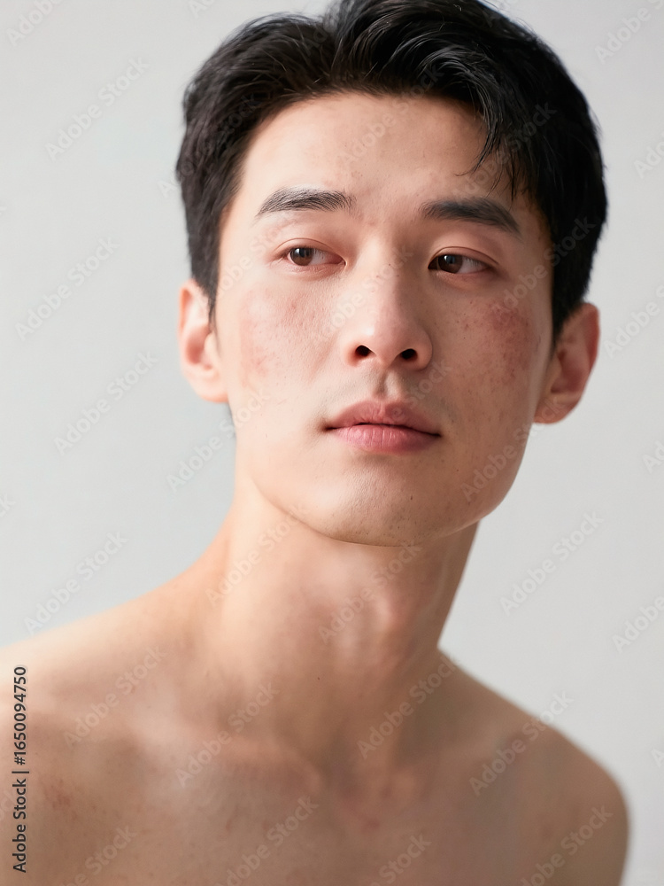 Fototapeta premium Young man with acne scars and facial redness