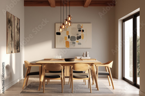 Comedor de madera clara con lámpara colgante