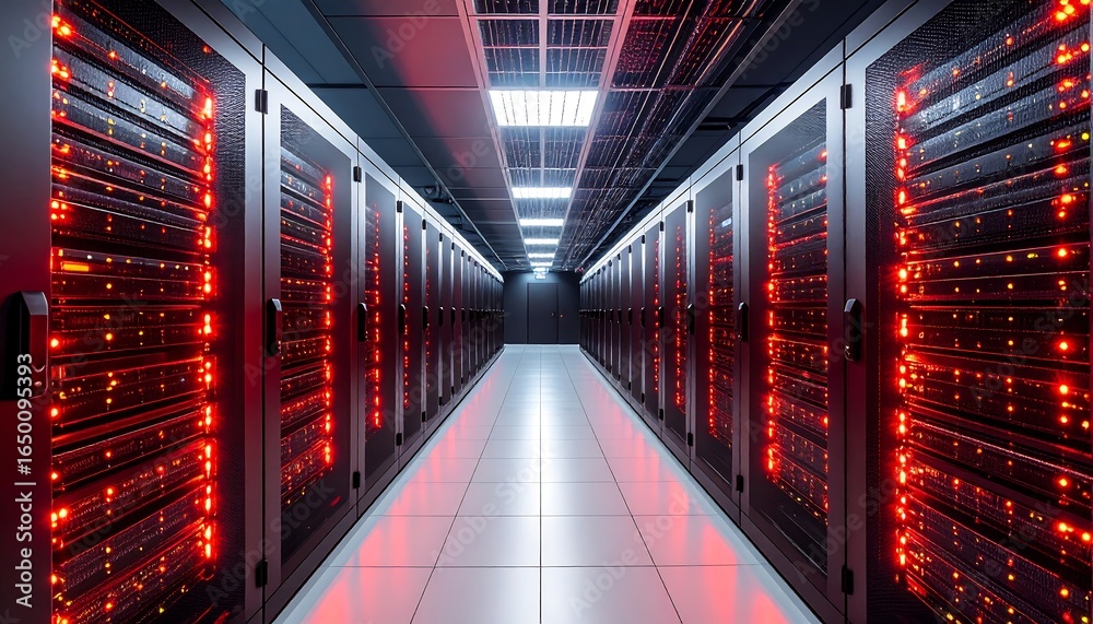 Fototapeta premium A long corridor of brightly lit server racks in a data center