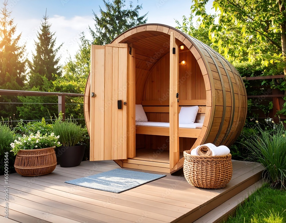 Naklejka premium Barrel-shaped outdoor sauna on a deck, nestled in a lush garden