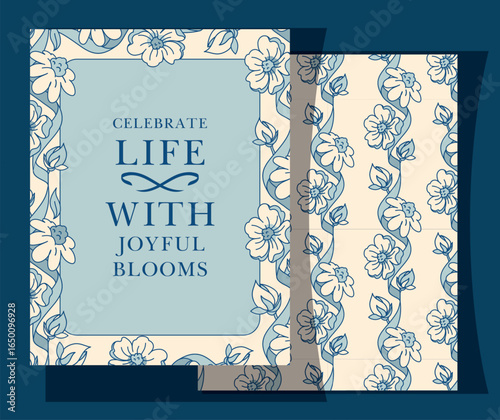 Vintage floral card with a blue frame, ideal for Birthday invitation or greeting. Features copy space for personalization. Perfect for elegant party or celebration designs.