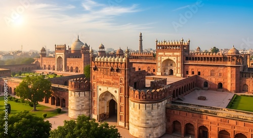 Majestic architecture of Lahore Fort, Pakistan: historical landmark under blue skies golden sun rays
