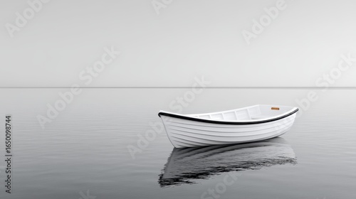 A serene white boat floats on calm waters, creating a tranquil monochromatic scene.