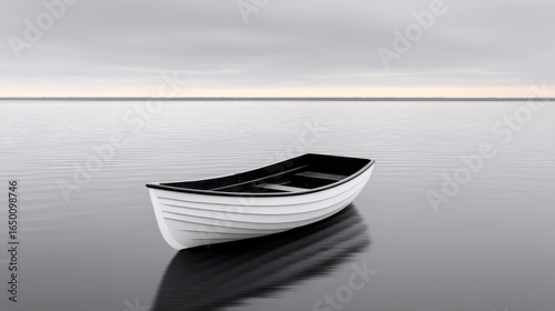 Serene white boat floats peacefully on still waters under a cloudy sky.