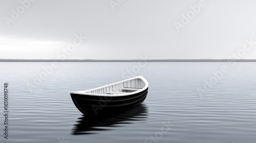 A solitary black and white boat gently floats on calm waters, evoking tranquility.