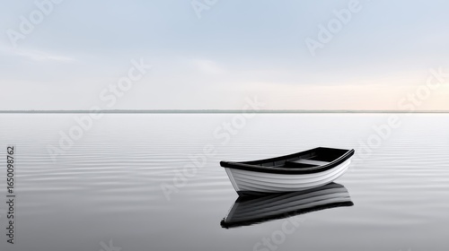 A serene white rowboat floats gently on calm waters at twilight.