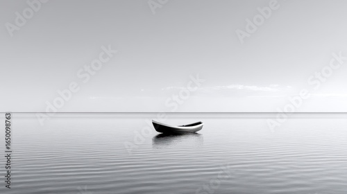 A lonely boat floats on a tranquil, still lake in monochrome serenity.
