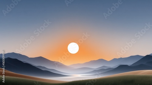 Serene sunrise over layered mountains with a calm river reflecting vibrant colors.