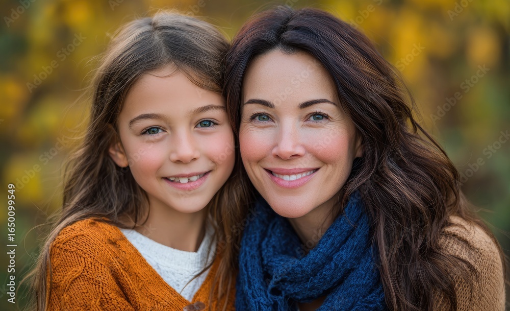 Obraz premium an American mother and daughter smiling, both wearing orange , with the backdrop of nature in autumn