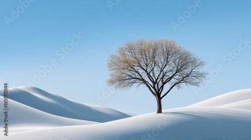 Solitary tree stands against a clear blue sky in a serene, white sand landscape.