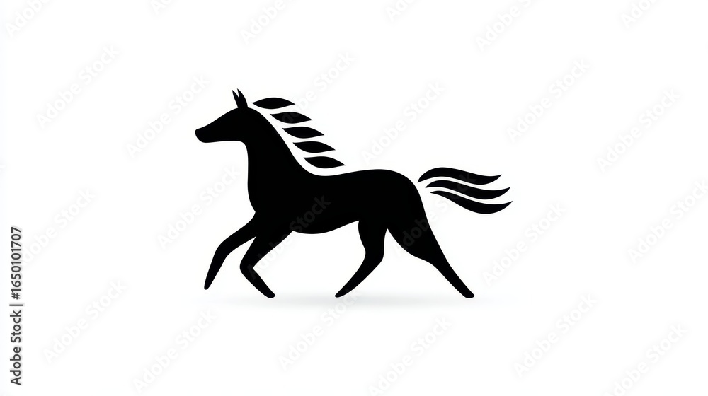 Fototapeta premium Elegant black silhouette of a horse in motion against a white background.
