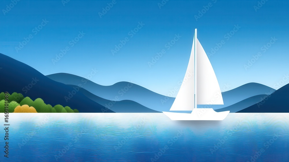 Fototapeta premium A serene sailboat gliding across a tranquil lake surrounded by mountains.