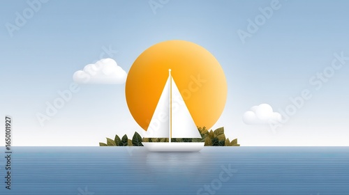 A serene white sailboat gliding on calm waters at sunset.