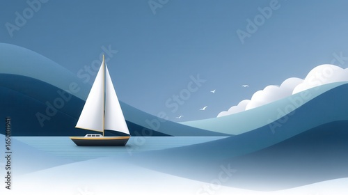 A serene sailboat glides across calm blue waters under a clear sky.