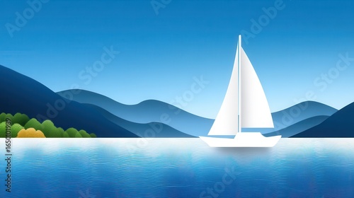 A serene sailboat gliding across a tranquil lake surrounded by mountains.