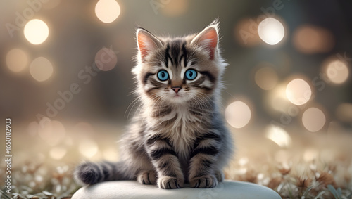 Adorable Fluffy Tabby Kitten with Blue-Green Eyes on Pale Stone