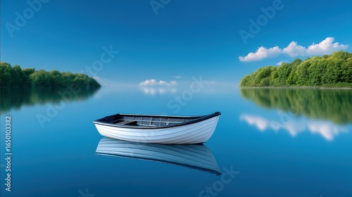 A serene white rowboat floating on a calm blue lake surrounded by lush greenery.