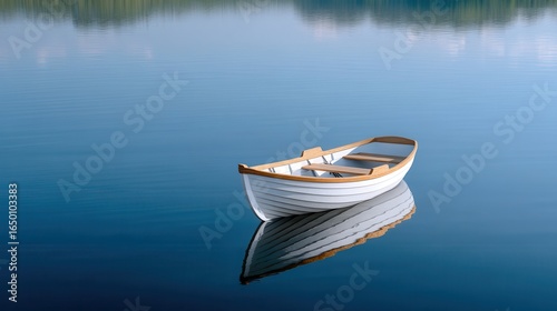 Serene white rowboat floating on calm blue waters reflecting surrounding nature.