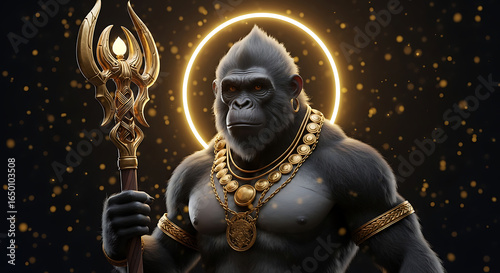 Majestic anthropomorphic gorilla adorned with golden jewelry holding a magical staff with glowing