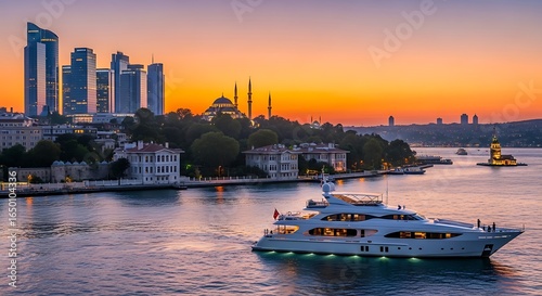 Spectacular sunset over Istanbul with modern skyline, mosques and yacht cruising the Bosphorus