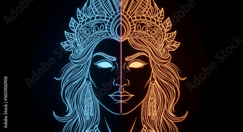 Duotone depiction of a deity with intricate crown and flowing hair, luminous neon style art