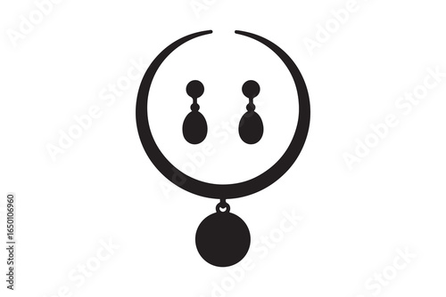 Elegant black silhouette of a necklace with a pendant and matching earrings isolated on white background