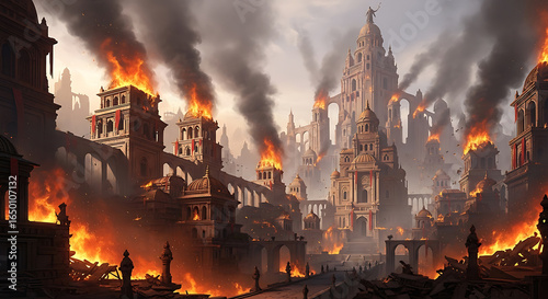 Apocalyptic cityscape with towering structures engulfed in infernos and rising smoke pillars