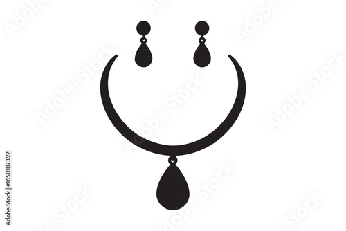 Elegant black teardrop pendant necklace and matching earrings set isolated on white background