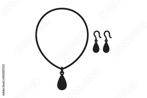 Elegant black teardrop pendant necklace and matching dangle earrings isolated on white background