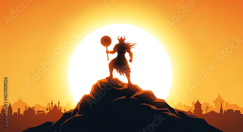 Silhouette of a mythological warrior atop a hill overlooking a sunlit city skyline at dawn