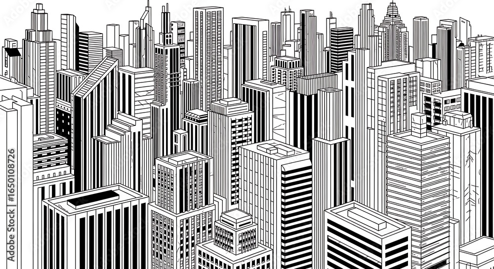 Stylized black and white cityscape illustration featuring skyscrapers and buildings creating a