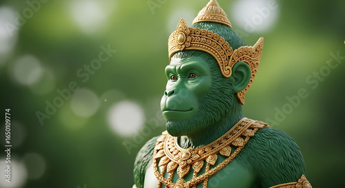 Emerald primate monarch: A fantastical monkey deity in jeweled regalia amidst verdant foliage