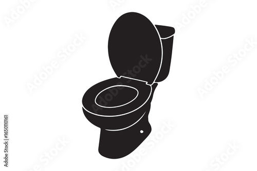 A clean, new white ceramic toilet bowl with a seat, isolated for a sanitary bathroom or restroom Simple flat black silhouette icon of a modern commode
