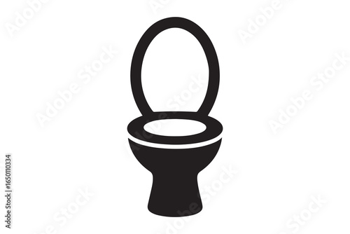 A clean, new white ceramic toilet bowl with a seat, isolated for a sanitary bathroom or restroom Simple flat black silhouette icon of a modern commode
