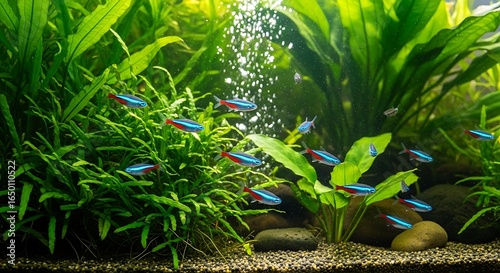 Vibrant aquarium teeming with neon tetra fish and lush aquatic plants providing a serene
