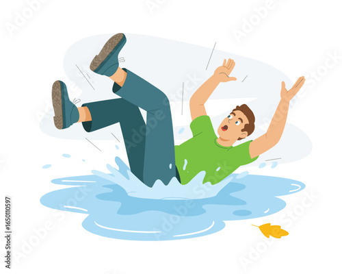 Flat vector illustration depicting a man unexpectedly falling and splashing into a puddle of water.