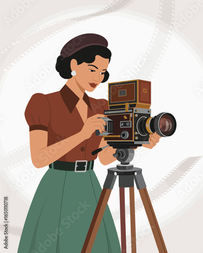 Retro filmmaker captures moments with vintage camera on tripod