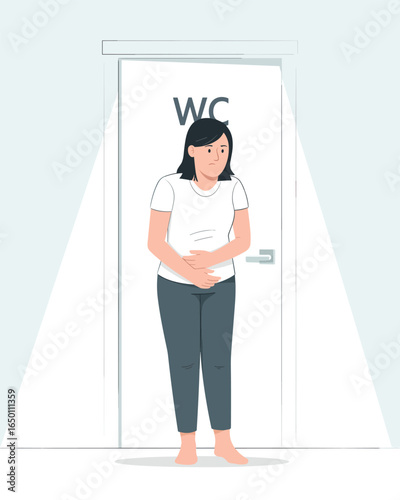 Woman suffering from abdominal pain or cystitis needs to use the toilet urgently. Flat vector.