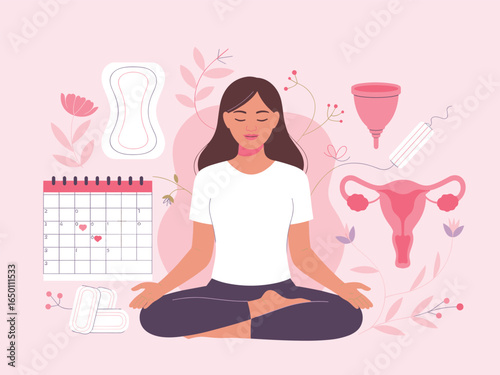 Woman meditating during menstruation with feminine hygiene products. Flat vector illustration.