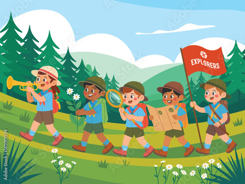 Group of kids on a summer camp adventure, hiking as explorers in nature. Vector illustration.