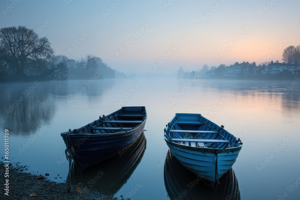 Fototapeta premium Two Rowboats on Calm River at Dawn with Foggy Background and Reflections