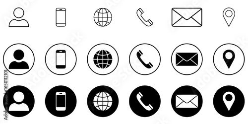 Visiting card icon set. Set of contact us icons for web and website. Contact icons phone, call, location, globe, use for web and website. Clean & Modern Design