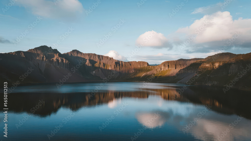 Naklejka premium Calm Mountain Lake with Reflections Under a Serene Sky
